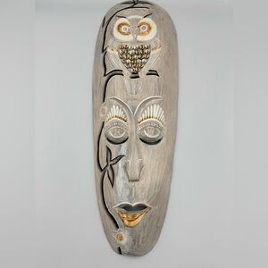 Handcrafted Gray and Gold Owl Tribal Mask Using Real Cowrie Shells